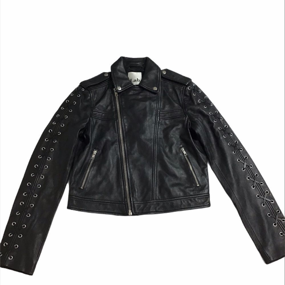 Lab London Black Leather Moto Biker Jacket Lattice Sleeve Size Medium - Picture 2 of 10